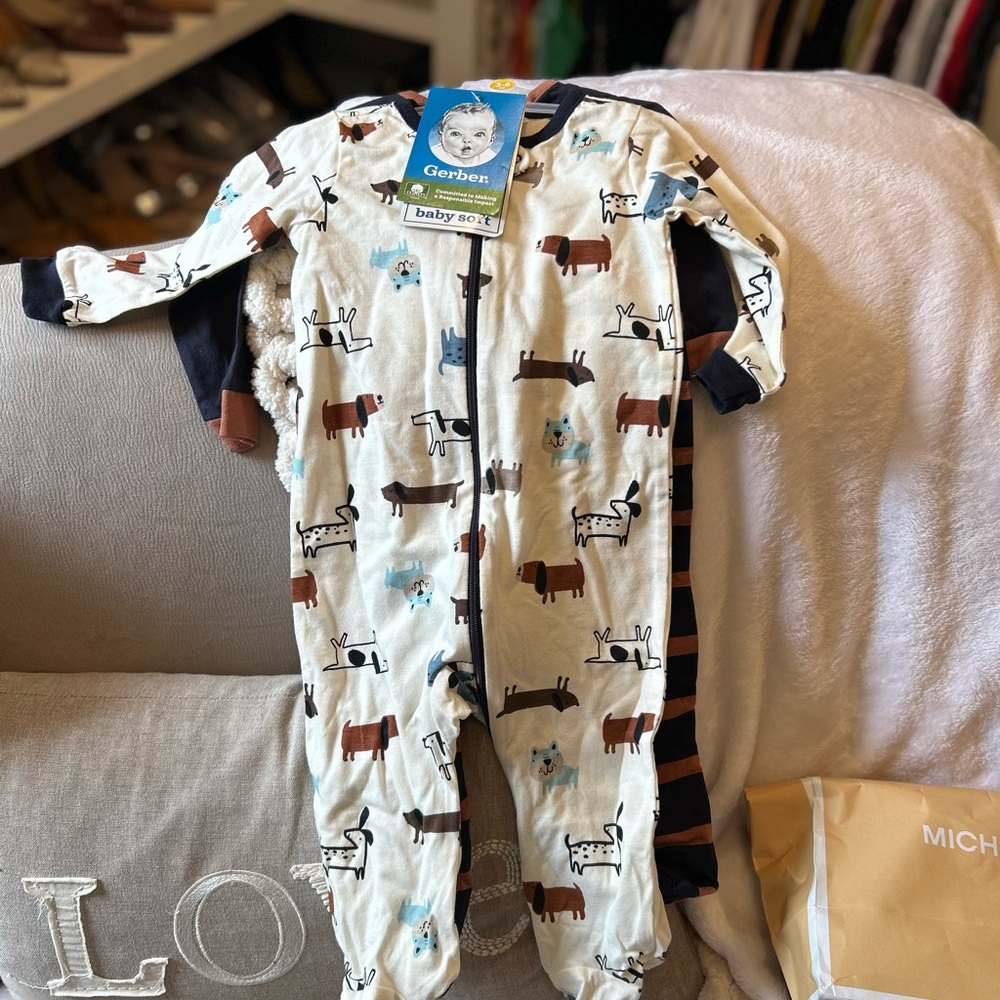 2 Pack Gerber Cream and Brown Woodland Animal Footie & a Navy and Brown Footie